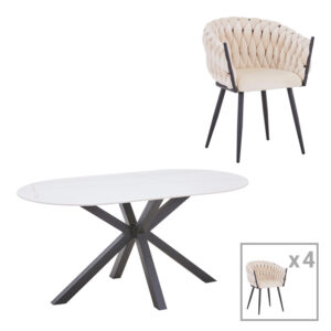 327 000055 Vivian-Makrey Argos The Classic dining table 5 pcs beige velvet - white marble 160x90x75cm