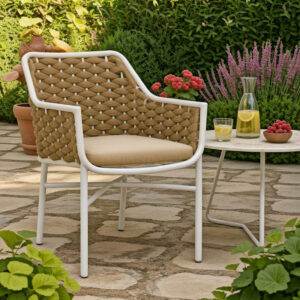 373 000005 2 Ortegia Argos The Classic stackable aluminum armchair with white frame khaki PE rope 57x62x82cm