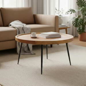 Tavolo Argos The Classic coffee table, solid sheesham wood in walnut color with black metal legs, Φ75x39cm