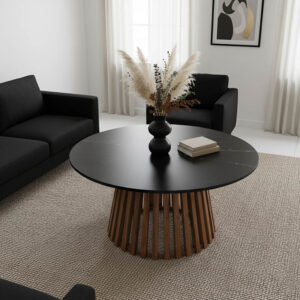 Coffee table Mable Argos The Classic solid acacia wood in natural color and black marble top D100x45cm