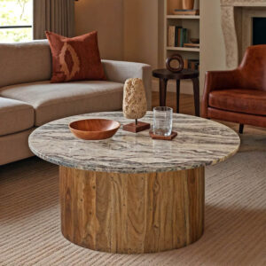 Coffee table Sergy Argos The Classic solid acacia wood in natural color and marble top D70x35cm