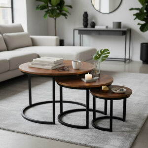 Frina Argos The Classic coffee table set of 3 mango wood in walnut color with black metal leg