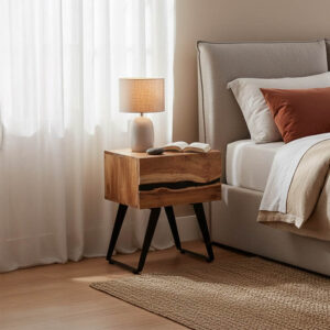 Imena bedside table Argos The Classic solid Acacia wood in natural shade with black metal legs 45x35x56cm