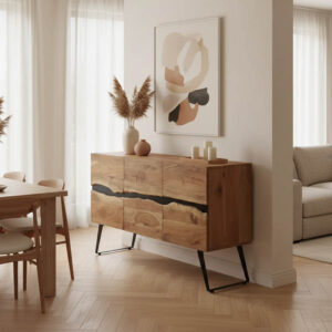 Imena Cabinet Argos The Classic solid Acacia wood in natural shade with black metal legs 148x43.5x86cm