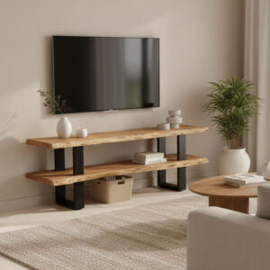 Fuji Argos The Classic TV cabinet, solid acacia wood in a natural shade with black metal legs 140x40x52cm