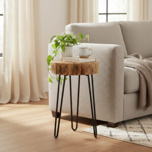 Tripp Argos The Classic side table, solid acacia wood in a natural shade with black metal legs 32x30x47cm