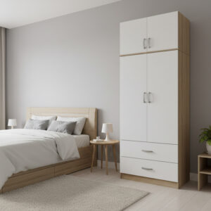 Two-door wardrobe with 2 drawers and loftAthos Argos The Classic in oak-white color 80x42x240cm