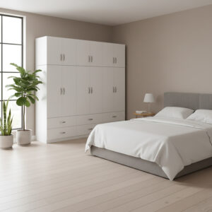 Six-door wardrobe with drawers and loft Athos Argos The Classic white 240x42x240cm
