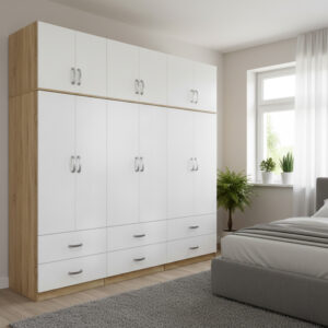 Six-door wardrobe with drawers and loft Athos Argos The Classic sonoma-white 240x42x240cm