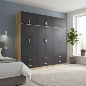 Six-door wardrobe with drawers and loft Athos Argos The Classic sonoma-ανθρακί 240x42x240cm