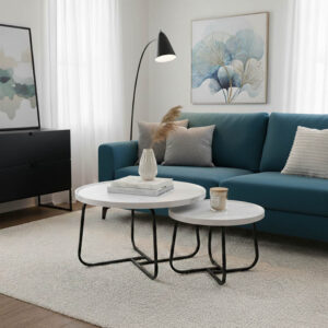 Crismory Argos The Classic coffee table set of 2 MDF in white marble shade and black metal legs
