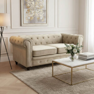 074 000028 1 Two-seater sofa Chesterfield type Argos The Classic velvet in beige shade 160x84x67cm