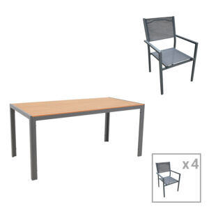 Dining table Nares-Moly C set of 5 Argos The Classic anthracite aluminum and textilene with plywood in natural color 180x90x72.5cm