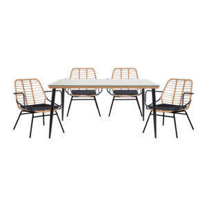 Dining table Naoki A Argos The Classic set of 5 natural rattan-black metal-glass 160x90x78cm