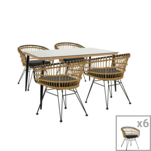 Dining table Naoki C Argos The Classic set of 7 natural rattan-black metal-glass 160x90x78cm