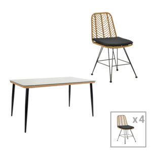 200 000758 Naoki E Argos The Classic dining table set of 5 natural rattan-black metal-glass 160x90x78cm