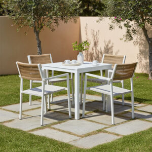Dining table Savor-Kliton set of 5 Argos The Classic white aluminum and rattan in natural color 80x80x74cm