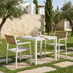 Dining table Savor-Kliton set of 3 Argos The Classic white aluminum and rattan in natural color 80x80x74cm