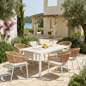 200 000868 Dining table Kliton-Raven set of 7 Argos The Classic aluminum in white shade 150x80x74cm