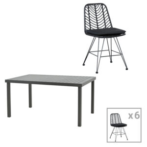 Dining table Naoki-Kliton II set of 7 Argos The Classic anthracite aluminum and pe rattan in black shade 150x80x74cm