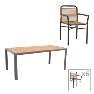 Dining table Nares-Clutch set of 7 Argos The Classic anthracite aluminum and plywood in natural shade 180x90x72.5cm