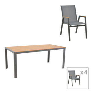 Dining table Nares-Azelie set of 5 Argos The Classic anthracite aluminum and plywood in natural shade 180x90x72.5cm