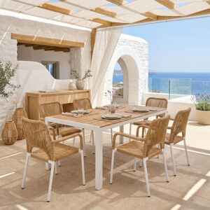Dining table Nares-Norture B set of 7 Argos The Classic white aluminum and plywood in a natural shade 180x90x72.5cm