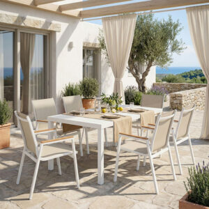 288 000012 Dinning set Azelie-Kliton ΙΙ Argos The Classic set of 7 grey fabric-white aluminum 150x80x74cm