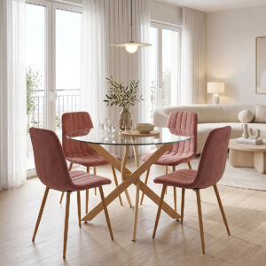Dining Room with Noor Dusty Rose Chairs and Antoro Glass Table D100x75cm Set of 5pcs