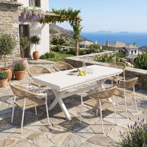 Dining set Dagyn Ammos Argos The Classic set 7pcs white aluminum with PE rope in natural shade 180-240x90x76cm