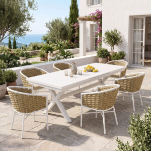 Dining set Dagyn Noevo Argos The Classic set 7pcs white aluminum with PE rope in natural shade 180-240x90x76cm
