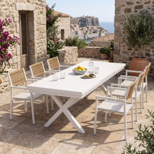 Dining set Dagyn Savor Argos The Classic set 7pcs white aluminum with textline PE rattan in natural shade 180-240x90x76cm