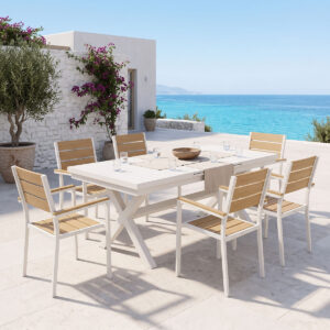 Dining set Dagyn Breze Argos The Classic set 7pcs white aluminum with natural shade 180-240x90x76cm