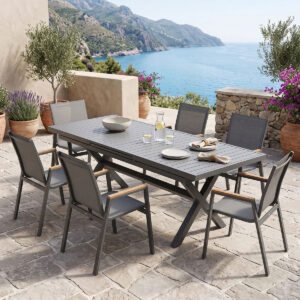 Dining set Dagyn Azelie Argos The Classic set 7pcs anthracite aluminum and textiline with natural finish 180-240x90x76cm