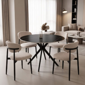 200 001556 Dining Room with Folegio Cream Chairs and Orbital Black Table D120x76cm Set of 5pcs