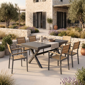 200 001868 Dining set Dagyn Breze Argos The Classic set 7pcs anthracite aluminum with natural shade 180-240x90x76cm
