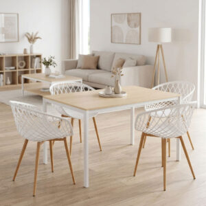 Dining Table with Armhairs Ezra white and Table Faragio white with natural shade 120x75x75cm Set 5pcs