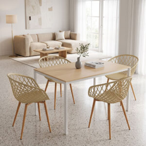 Dining Table with Armhairs Ezra cappuccino and Table Faragio white with natural shade 120x75x75cm Set 5pcs