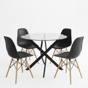 200 001906 1 Dining room with Julita chairs black and Antoro table glass with black metal Φ80x75cm set 5pcs