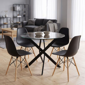 200 001906 Dining room with Julita chairs black and Antoro table glass with black metal Φ80x75cm set 5pcs