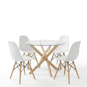 200 001915 1 Julita dining set with White Chairs and Antoro glass table with metal frame in natural finish Ø80x75cm 5-piece Set