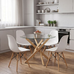 200 001915 Julita dining set with White Chairs and Antoro glass table with metal frame in natural finish Ø80x75cm 5-piece Set