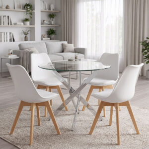 Gaston dining set with white Chairs and Antoro glass table with chrome base Ø80x75cm 5-piece Set