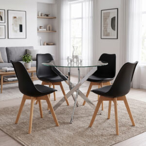 Gaston dining set with black Chairs and Antoro glass table with chrome base Ø80x75cm 5-piece Set