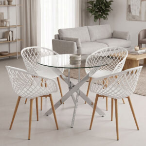 Ezra dining set with white Armchairs and Antoro glass table with chrome base Ø80x75cm 5-piece Set