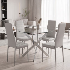 Parker dining set with white Chairs and Antoro glass table with chrome base Ø80x75cm 5-piece Set
