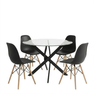 200 001930 1 Dining Set with Julita Chairs black and Antoro Table glass with black metal Φ100x75cm Set 5pcs