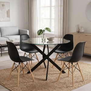 200 001930 Dining Set with Julita Chairs black and Antoro Table glass with black metal Φ100x75cm Set 5pcs
