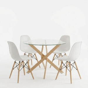 200 001939 1 Dining Set with Julita white Chairs and Antoro Table glass with metal in natural finish Φ100x75cm Set 5pcs