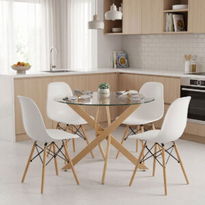 200 001939 Dining Set with Julita white Chairs and Antoro Table glass with metal in natural finish Φ100x75cm Set 5pcs